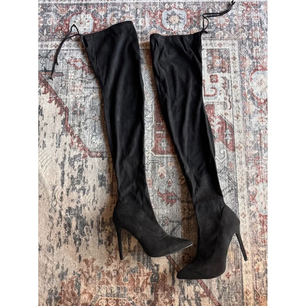 LILIANA Black Pointed Toe Stiletto Over Knee Boots 8.5 Whimsigoth Party‎ Sexy